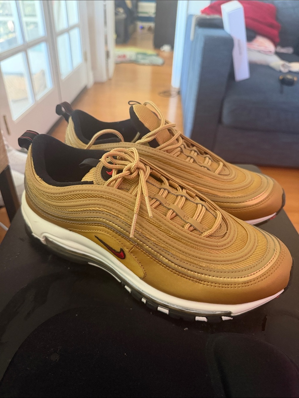 Nike Men’s Air Max 97 Sneakers in Metallic Gold with Red Swoosh NEW never worn